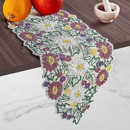 Luxury Beaded Table Runner - 13x36 Inches Handcrafted Spring Floral Design with Glass Beads & Polyester Back - Elegant Table Decor for Dining, Coffee Table & Events (Multi) - CLEENTABLE