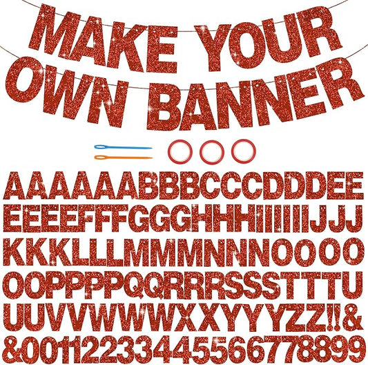BEISHIDA 116 PCS A-Z Glitter Red DIY Letter Banner Kit Make Your Own Banner，Including 111 Letters and Numbers 3 Rope and 2 Threading Device,Customized for Birthday Graduation Wedding Party Decor