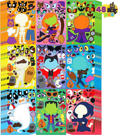JOYIN 48 Pcs Halloween Make a Face Stickers, Halloween Party Favor for Kids, Art Craft Party Supplies, Classroom Activities Games Goodies, Sticker Sheets with Witch, Vampire Designs