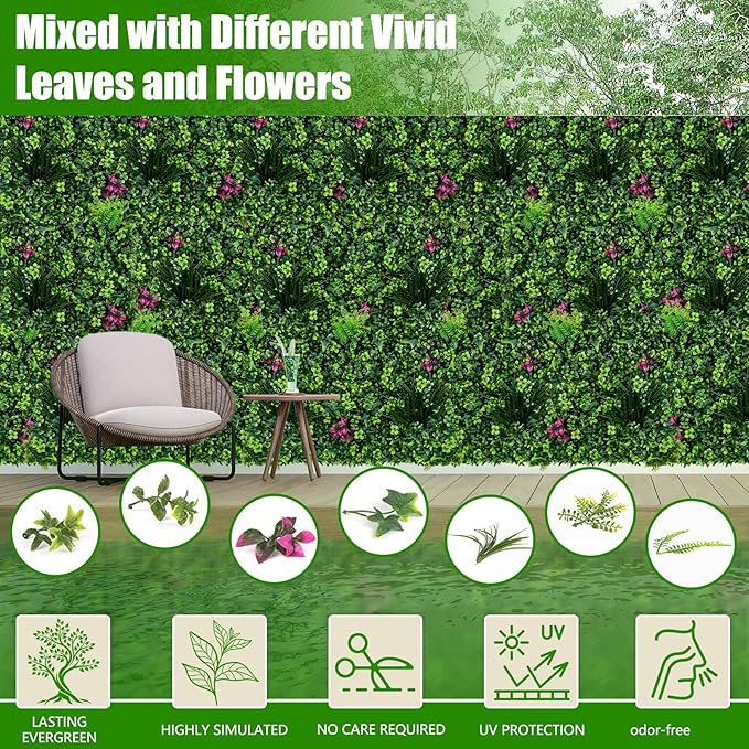 Artificial Grass Wall Panels, 20"x20" 16pcs Grass Backdrop Wall with Mint Plant Leaves, UV-Anti Fake Greenery Plant Boxwood Panels for Privacy Fence Screen, Outdoor Green Wall Decor for Patio Garden