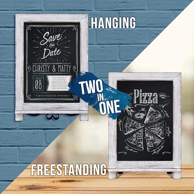 HBCY Creations Rustic Whitewash Tabletop Chalkboard Sign / Hanging Magnetic Wall Chalkboard / Small Countertop Easel / Kitchen Memo Board, 9.5" x 14", for Weddings, Birthdays, Baby Announcements