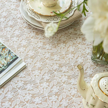 Lace Tablecloth Leaf Pattern Warp Knitting Fabric Solid White Rectangle/Oblong Table Cover for Kitchen Dining Farmhouse Wedding Party Decor Ivory, 52x70 Inch