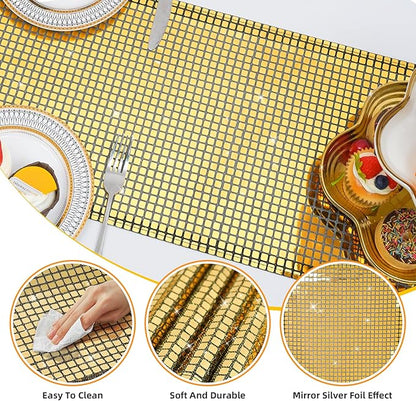 SquarePie Disco Table Runner Mirror Glitter Black and Gold Sequin Runner for 70s 80s Disco Dance Bachelorette Party Supplies Table Decorations (12x108 Inches ,2 Pack)