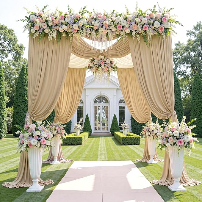 20ftx12ft Wrinkle Free Beige Backdrop Curtain, 4 Panels 12FT Height Beige Wedding Backdrop Drapes, Silky Polyester Back Drop Cloth for Birthday Photography Background Party Backdrop Draping