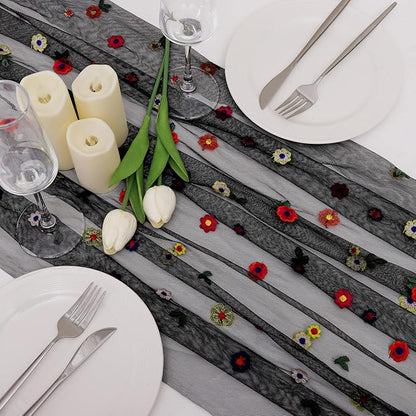 BINBE 12pcs Daisy Fall Table Runner Embroidery Gauze 10FT Florals Seasonal Tulle Holiday Birthday Kitchen Dining Table Decor for Home Party Black