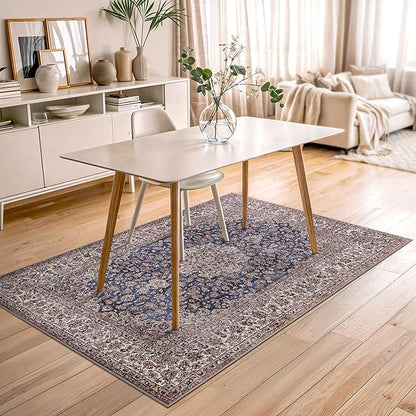 Bloom Rugs Washable Non-Slip 4' x 6' Rug - Dark Blue/Beige Traditional Medallion Area Rug for Living Room, Bedroom, Dining Room, and Kitchen - Exact Size: 4' x 6'