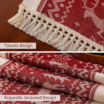 Table Runners 48 Inches,Elk Table Runner with Tassel Fringe,Christmas Table Runner for Party，Coffee Table, Festival