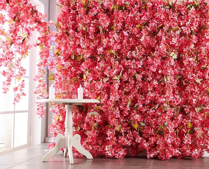Flower Garland, Artificial Hydrangea Vine Flowers, Hanging Fake Hydrangeas Vine for Room Anniversary Wedding Birthday Christmas Wall Arch Decor, 2 Pcs, Floral Garland, Dark Pink Flower