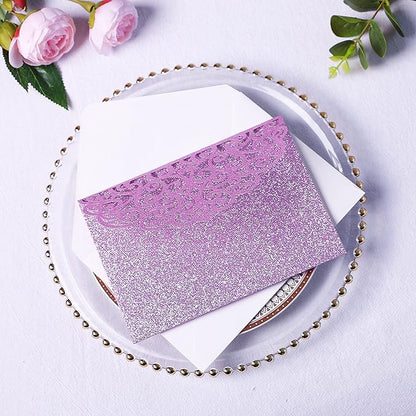 PONATIA 20 PCS Laser Cut Wedding Invitations Pockets with Envelopes for Wedding Party Bridal Shower Engagement Birthday Invite (Purple Glitter)