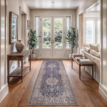 Bloom Rugs Washable Non-Slip 12 ft Runner - Dark Blue/Beige Traditional Medallion Runner for Entryway, Hallway, Bathroom, and Kitchen - Exact Size: 2.5' x 12'