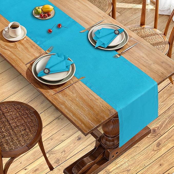 Ruvanti Linen Table Runner 108 Inches, Classic Hemstitch, Washable, Reusable, Non-Slipping, Stain Resistant- Perfect for Parties, Weddings, Dinners, Thanksgiving, Christmas, Indoor use – Blue
