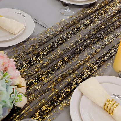 Snowkingdom 6 Pcs Black & Gold Cheesecloth Table Runner 10 FT, Sheer Chiffon Sparkle Gauze Mesh Runners 120 Inch, Glitter Table Centerpieces Decoration for Birthday Party Wedding Christmas Halloween