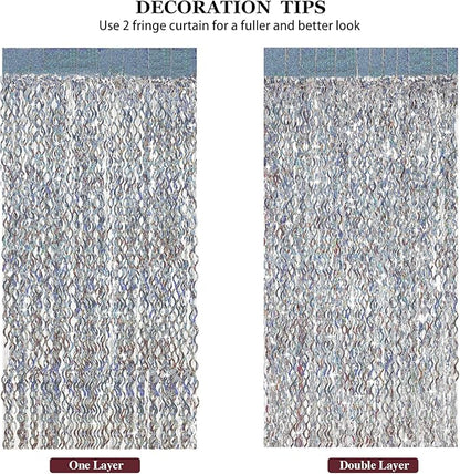 Silver Tinsel Backdrop- CYLMFC 3 Pack 3.3 ft x 6.6 ft Streamer Foil Fringe Curtain for Birthday Party Christmas Graduation Decor