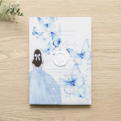 PONATIA 50 PCS Vellum Jackets for 5x7 Invitations - Vellum Paper 5x7 Jackets - 135GSM Blue Girl Butterfly Quinceanera Invitations Wraps - Transparent Cards