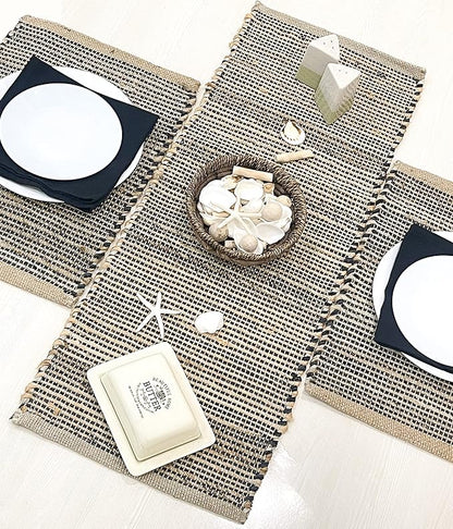 Chardin home Natural Jute Table Runner 13x36 Inch – Vintage Boho Rustic Table Decor – Handwoven Table Runner in Natural Jute and Black – Farmhouse Dining or Console Table Accent
