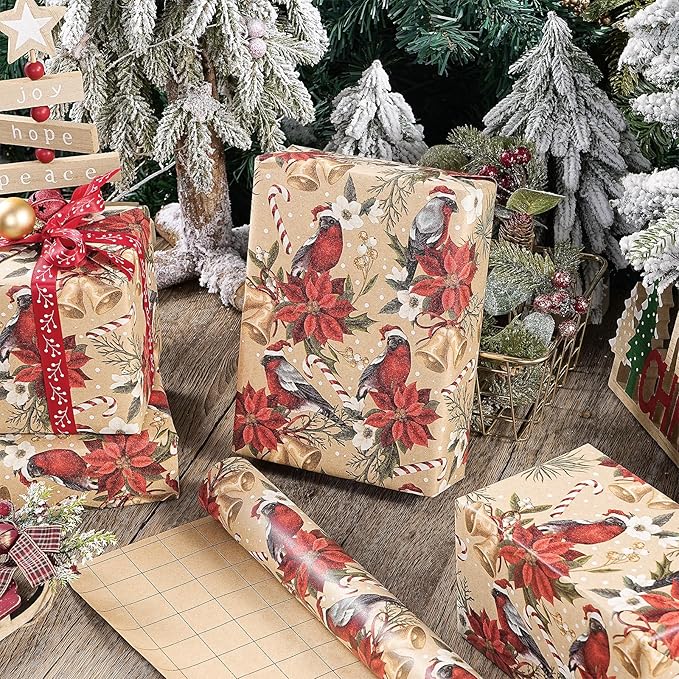RUSPEPA Kraft Christmas Wrapping Paper Roll, Mini Roll, Cardinal Bird, Poinsettia, Golden Bell and Candy Cane Design, Vintage Kraft Gift Wrap for Women, Family, Xmas Holiday, 17 Inches x 16.4 Feet