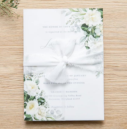 PONATIA 50 PCS Vellum Jackets for 5x7 Invitations- 135gsm White Floral Printed Vellum Sleeves, Quinceanera Wedding Invitation Cards Wraps, Green Flower Transparent Jacket