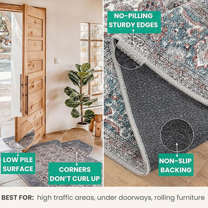 Bloom Rugs Washable Non-Slip 10 ft Runner - Teal/Blue/Beige Traditional Oriental Runner for Entryway, Hallway, Bathroom, and Kitchen - Exact Size: 2.5' x 10'