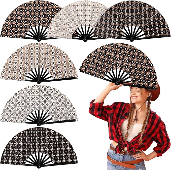 Thyle 6 Pcs Large Folding Fan for Line Dancing Bulk Boots on The Ground Hand Fan Black Popping Clapping Party Favors Decoration Gift for EDM Festival Club Summer(Western Cowboy)