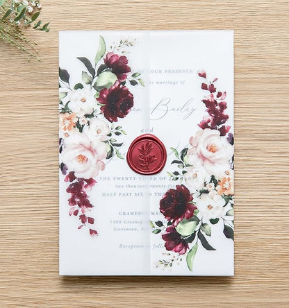 PONATIA 50 PCS Vellum Jackets for 5x7 Invitations- 135gsm Burgundy Floral Printed Vellum Sleeves, Quinceanera Wedding Invitation Cards Wraps