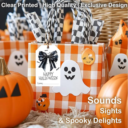 50 Pcs Halloween Tags with String, 2.1"×3.5" Bowknot Paper Gifts Tags, Bat Trick or Treat for Candy, Spider Happy Halloween Gifts Tag Wrap for Party Favor - B06