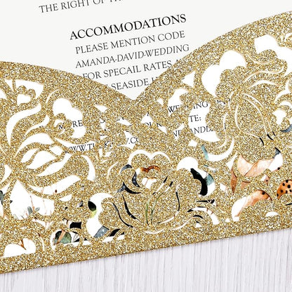 DORIS HOME 50pcs Laser Cut Wedding Invitations with Envelopes Gold Glitter, 4.7x7.1 Personalized Invitation Cards for Wedding, Anniversary Invitations with Envelopes