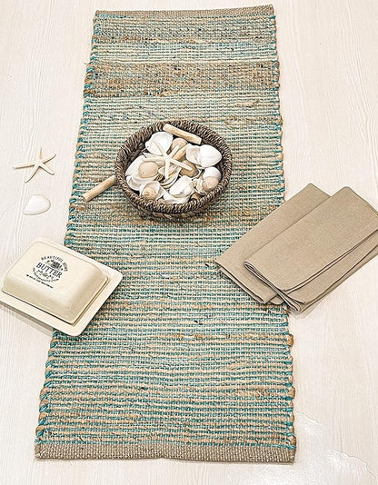 Chardin home Natural Jute Table Runner 13x48 Inch – Vintage Boho Rustic Table Decor – Handwoven Table Runner in Natural Jute and Aqua Turquoise – Farmhouse Dining or Console Table Accent