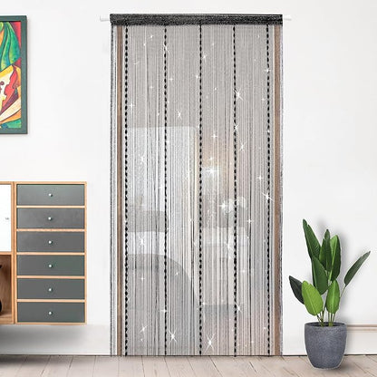Hysenm Door String Curtains 39x79 Inch Black Panel Soft Balls Romantic Glitter Fringe Room Divider Home Décor Wedding Girls Bedroom Window Living Room Backdrop Party Doorways Closet