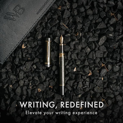 Wordsworth & Black Primori Fountain Pen Set [Gunmetal Gold]; Medium Nib, Gift Case, 24 Ink Cartridges, Refill Converter, Manual; Journaling, Calligraphy, Smooth Writing Pens; Left and Right Handed
