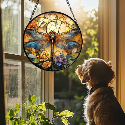 Stained Glass Window Hanging - Orange Blue Dragonfly Flower Suncatcher for Doors Window Home Sun Catchers Decor Christmas Mother's Day Birthday Outdoor Gifts for Women Men Mom Nana 11.8 in