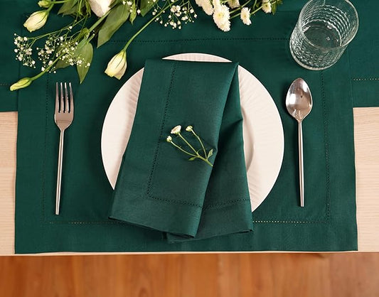 100% Pure Linen Green Placemats 14 x 19 Inch - Hemstitch Christmas Placemat Set of 4 - Cloth Fabric Napkins for Thanksgiving, Winter, New Year - Elara