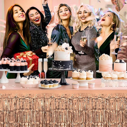 2 Pack Rose Gold Table Skirts, 29x108" Metallic Foil Tinsel Fringe Table Skirts for Rectangle Tables Streamer Curtains Backdrop, Party Decorations for Birthdays Weddings Holidays