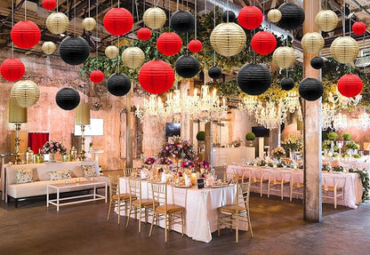ADLKGG Paper Lanterns Decorations, Red Black Gold Hanging Round Paper Lanterns for Graduation, BBQ Party Supplies, Mickey Mouse Themed Birthday, Pirate Theme Casino Poker Party Decor Set of 21