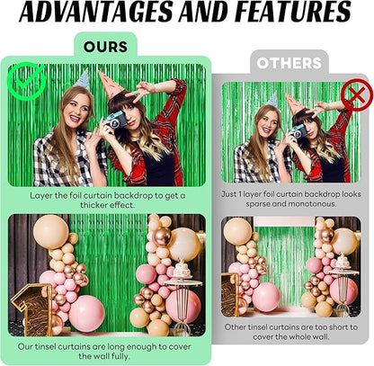 BTSD-home 10 Pack Green Foil Fringe Curtain, Metallic Photo Booth Backdrop Tinsel Door Curtains for St Patricks Day Birthday Bridal Baby Shower Bachelorette Christmas Party Decorations(8ft x 3ft)