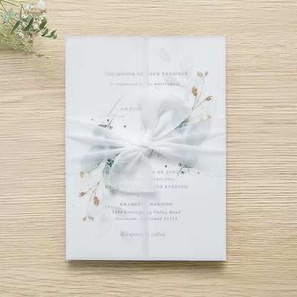 PONATIA 50PCS Vellum Jackets for 5x7 Invitation Cards - 135GSM Green Leaves Vellum Sleeves, 5x7'' Clear Jackets Wedding Invitations Wraps - Transparent Card Jackets