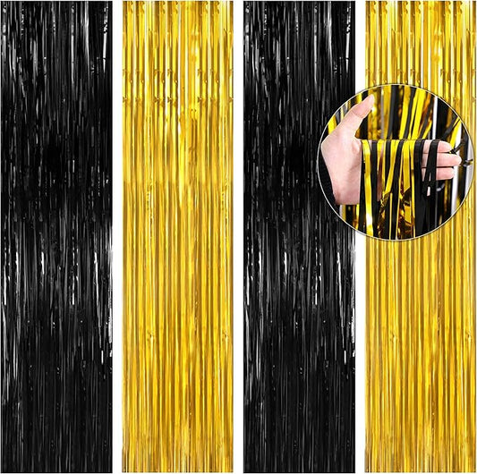 BTSD-home 4 Pack Black Gold Metallic Foil Fringe Curtain Tinsel Streamer Party Decorations Photo Booth Backdrop for Bachelorette Birthday Halloween