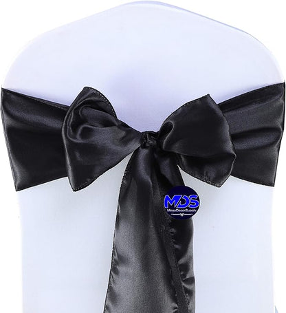 MDS Pack of 75 PCS Satin Chair Sashes Charmeuse Sateen Dining Chair Bows Ribbon Ties Back Sash for Wedding Party Birthday Home Hotel Restaurant Banquet Decoration (7 x 108 Inch, Black)