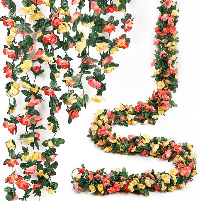 Miracliy 5Pcs 41FT Flower Garland Artificial Rose Arch Vines Fake Spring Floral Garland for Flower Wall Backdrop Wedding Mothers Day Garden Tea Party Decoration