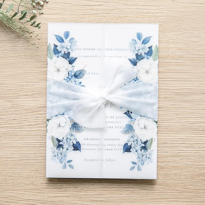 PONATIA 50PCS Vellum Jackets for 5x7 Invitation Cards- 135GSM Dusty Blue Flowers Sleeves, Vellum Paper 5x7 Jackets - Wedding Invitations Wraps - Transparent Card