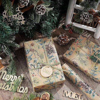 RUSPEPA 30" X 32.8' Kraft Christmas Wrapping Large Paper Roll, Jumbo Roll, Watercolor Pinecone and Eucalyptus Leaf Design, Kraft Gift Wrap for Christmas, Winter Holiday Party, Rustic Natural Theme