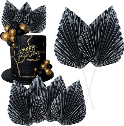 Gyufise 6Pcs Paper Palm Fan Cake Toppers Palm Spear Leaves Fan Cupcake Toppers Cake Insert Decorations Craft DIY Cake Bakeware Decoration for Birthday Party Wedding Party Decor Supplies Light Black