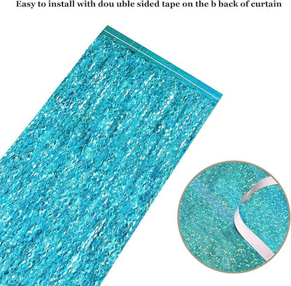 4 Pack Teal Aqua Blue Wavy Foil Fringe Curtains Party Decorations - 3.3 ft x 6.6 ft Sparkle Streamer Tinsel Curtain Party Photo Backdrops for Birthday Party Christmas Graduation Decoration