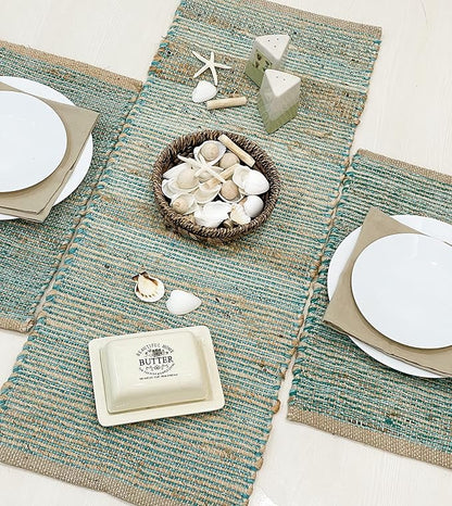 Chardin home Natural Jute Table Runner 13x48 Inch – Vintage Boho Rustic Table Decor – Handwoven Table Runner in Natural Jute and Aqua Turquoise – Farmhouse Dining or Console Table Accent