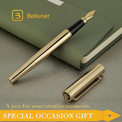 BEILUNER Gold Fountain Pen,Stunning Luxury Pens with 24K Gold Finish, Gorgeous 24K Gilded Nib(Fine), Trustworthy Pen Gift for Men&Women -Ink Converter-Elegant, Professional, Nice Pen for Writing
