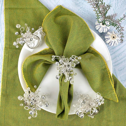 Decorative Napkin Ring Set of 12 - Handmade Glass Beads Napkin Holders for Table Setting Elegant Dining Accessory Round Heavy Duty Metal Frame Wedding & Party Table Décor (Silver) - CLEENTABLE