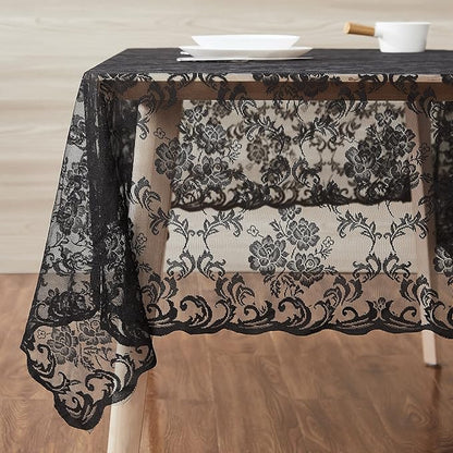 LinenZone Black Rectangle Tablecloth for Rustic Vintage Decor. Sheer Lace Table Cloth Works Great As Wedding Tablecloth or Thanksgiving Table Cover. (Mia TC 60 x 120, Black)
