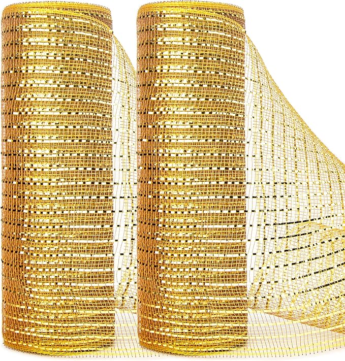 Ribbli 2 Rolls Gold Mesh Ribbon,10 inch x 30 feet(10Yard) Each Roll,Metallic Gold with Wide Gold Foil,Christmas Ribbon for Wreath Swags and Decorating