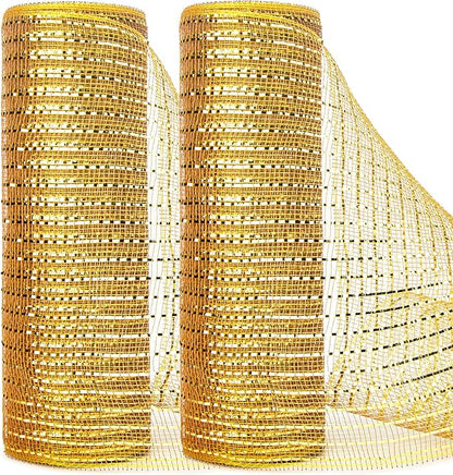 Ribbli 2 Rolls Gold Mesh Ribbon,10 inch x 30 feet(10Yard) Each Roll,Metallic Gold with Wide Gold Foil,Christmas Ribbon for Wreath Swags and Decorating