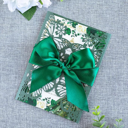 20 PCS 5.12x7.2 Butterfly Personalized Quinceanera Invitation, Customized XV Anos Laser Cut Invitation Cards with Envelopes (Emerald Green Personalized)