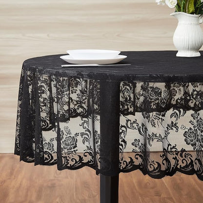 LinenZone Black Round Tablecloth for Rustic Vintage Decor. Sheer Lace Tablecloth Works Great As Wedding, Thanksgiving or Christmas Decor (Mia 48 Round, Black)